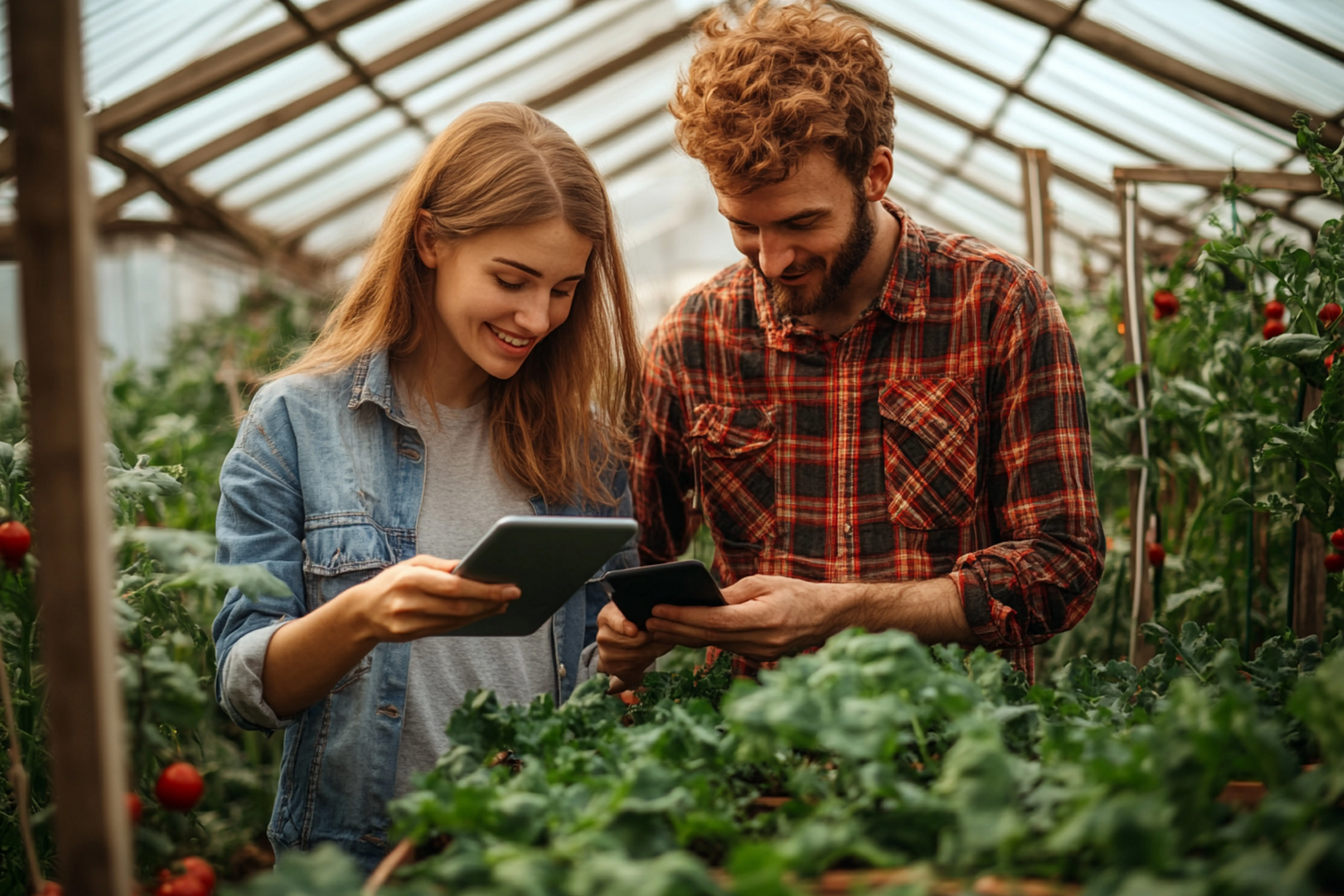 A man and woman looking at a tablet displaying 