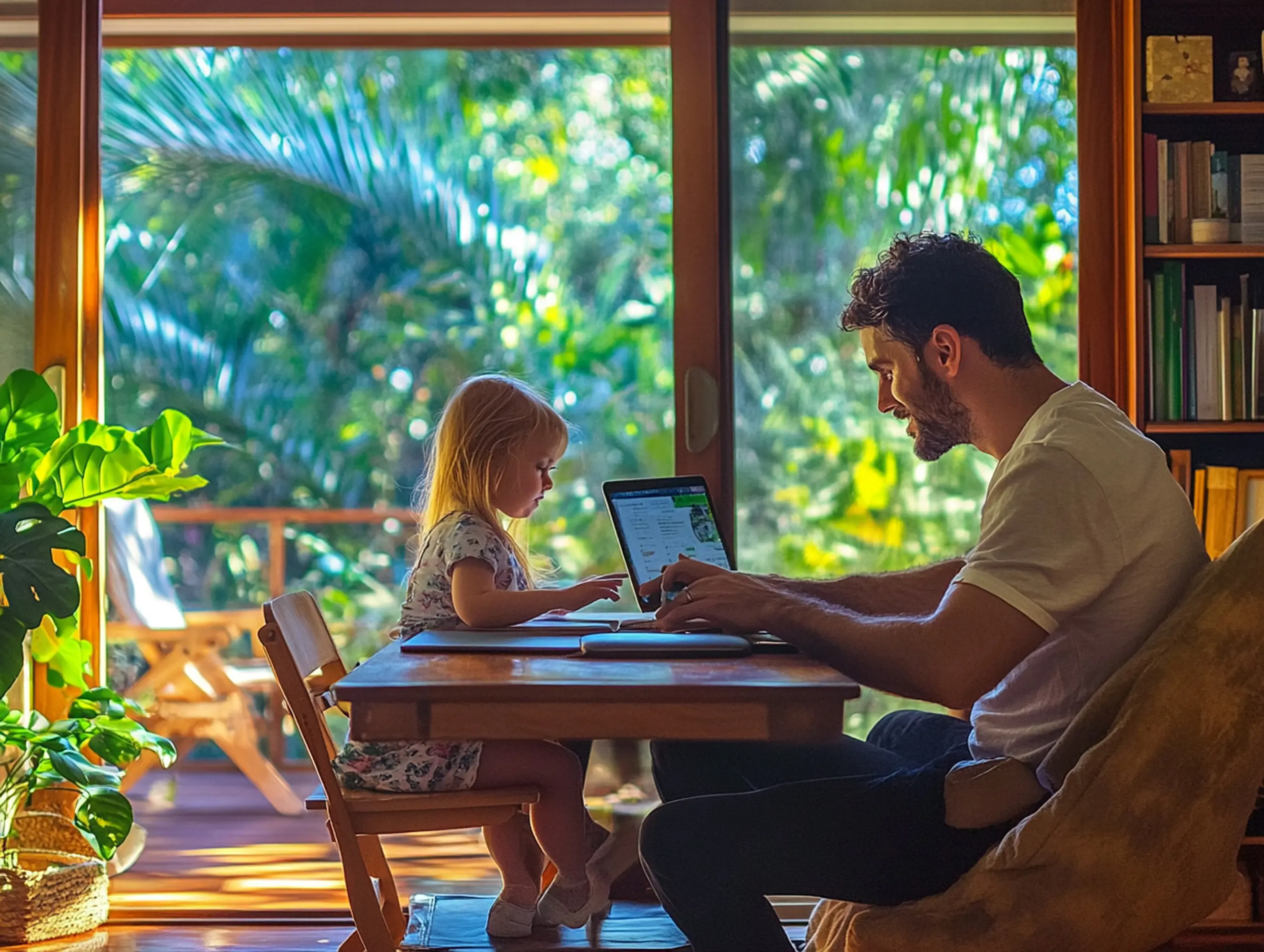 A man and a little girl are seated at a table with a laptop.